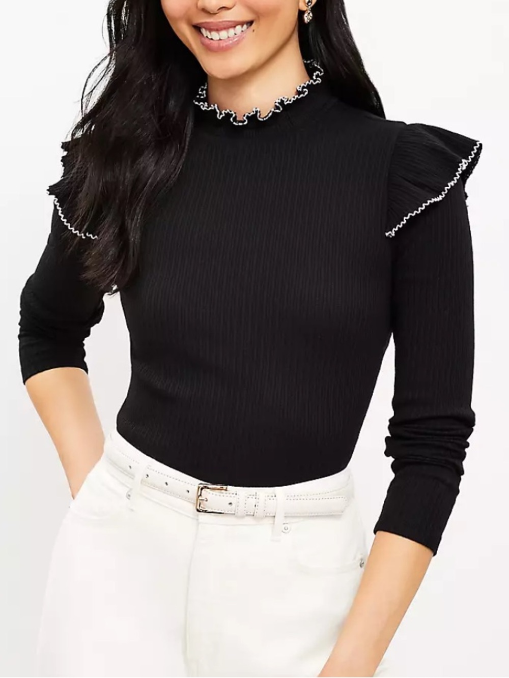 Ann Taylor loft Pointelle Ribbed Ruffle Top in Black